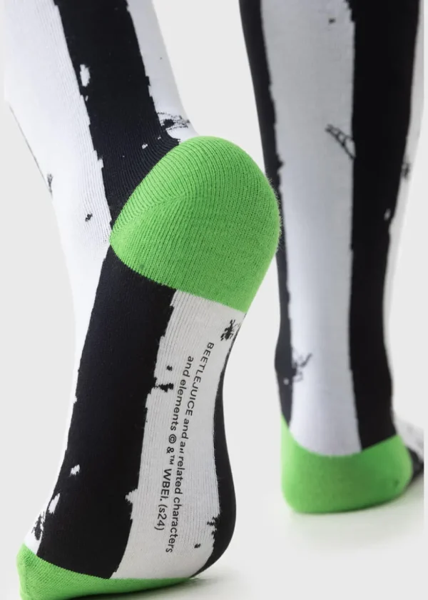 Killstar x Beetlejuice Distressed Stripe Knee Socks Black White