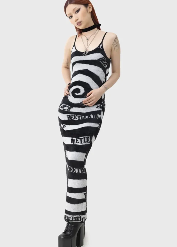 Killstar x Beetlejuice Vertigo Spiral Knitted Maxi Dress Black White
