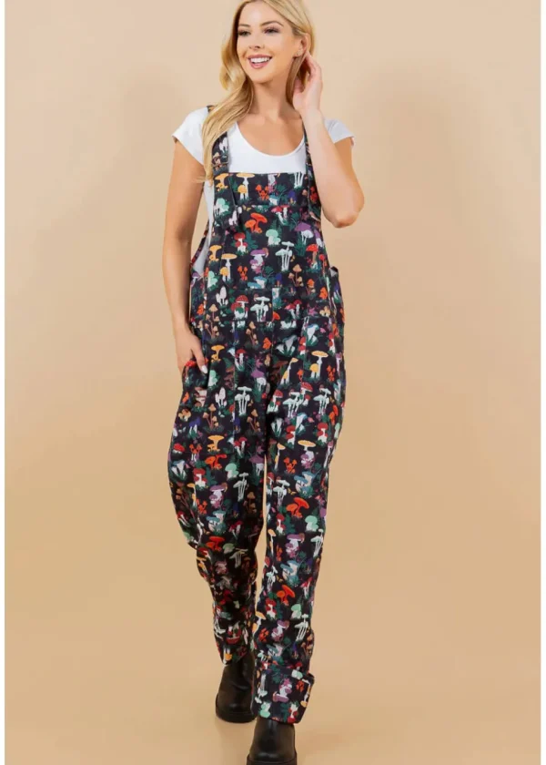 LA Soul Ayla Mushroom Garden Dungarees Black