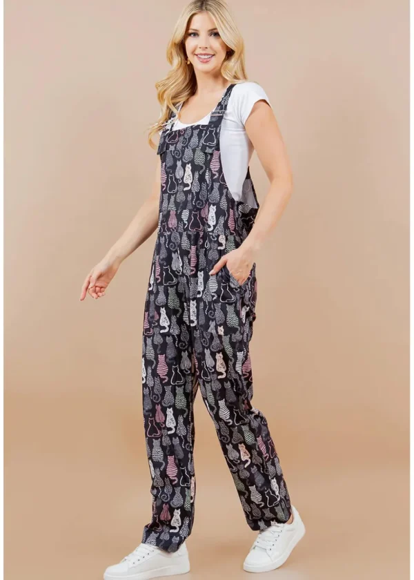 LA Soul Ayla Retro Cats Dungarees Black