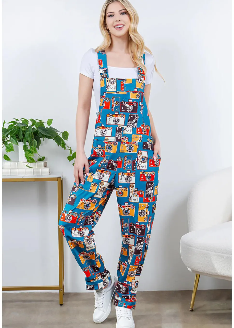 LA Soul Ayla Vintage Camera Dungarees Blue