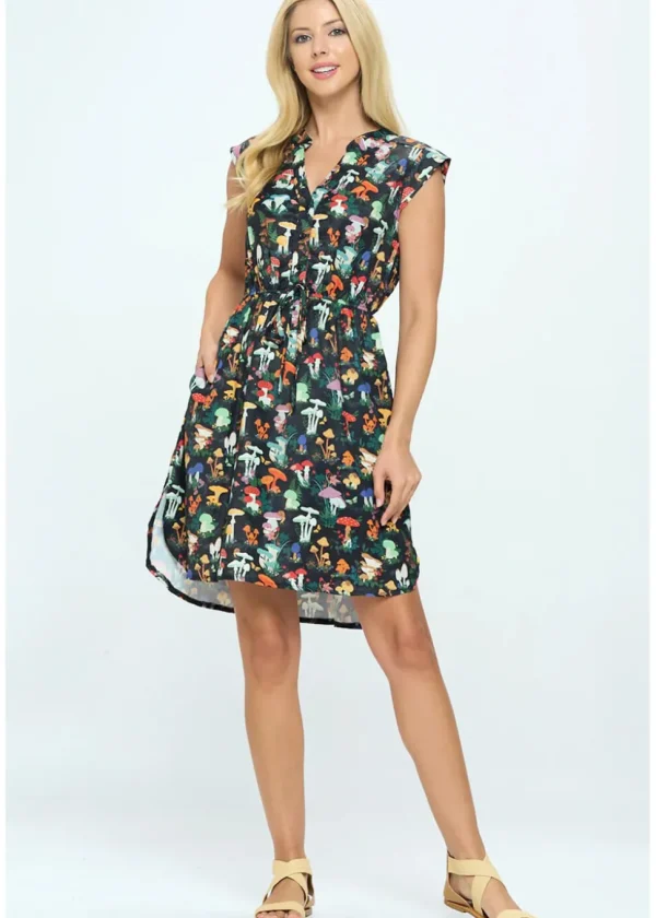 LA Soul Emma Mushroom Garden V-Neck A-Line Dress Black