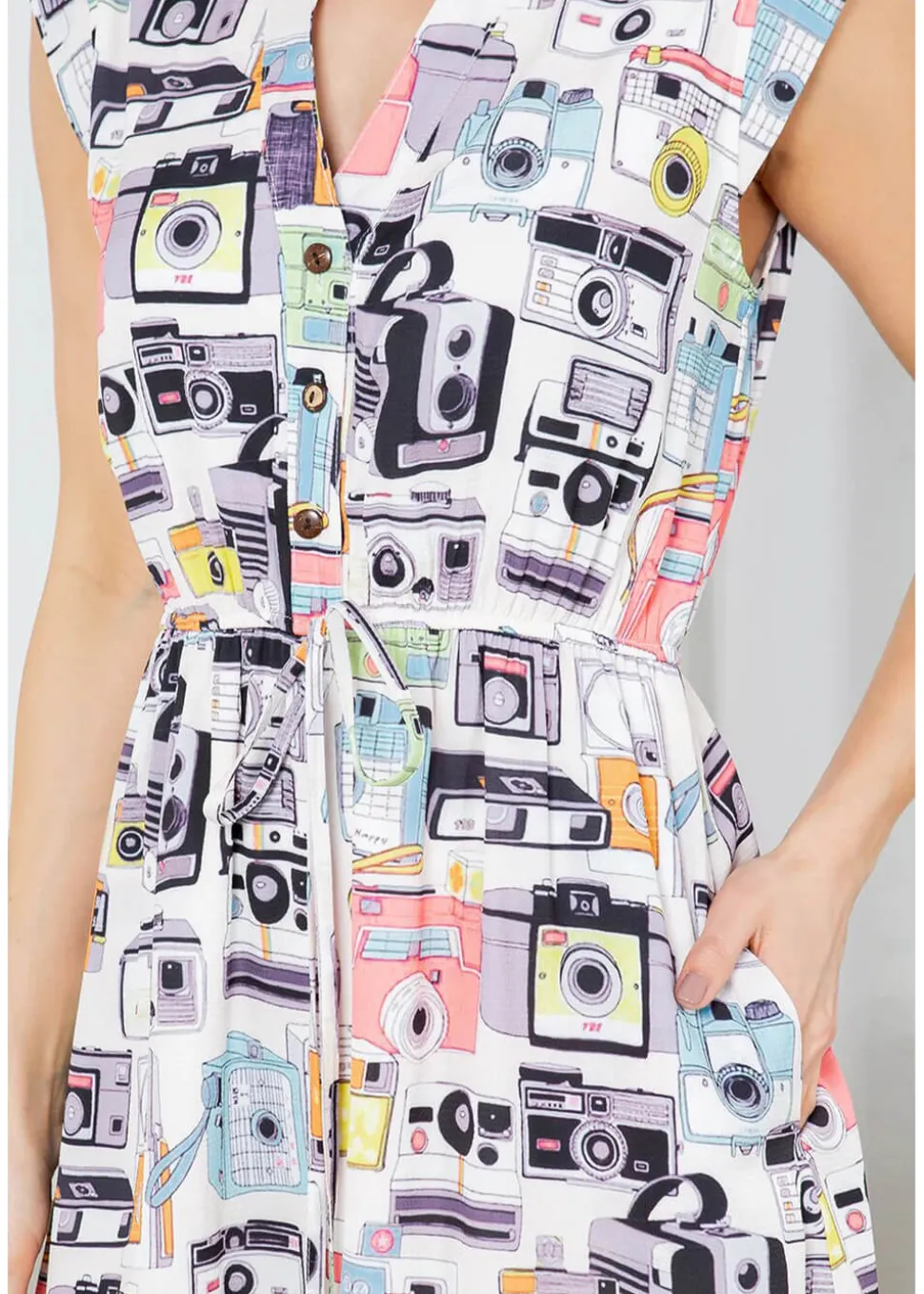 LA Soul Emma Vintage Camera V-Neck A-Line Dress Apricot