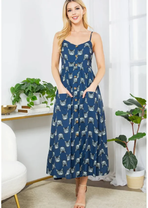 LA Soul Misty Kitty Cat Maxi Dress Navy