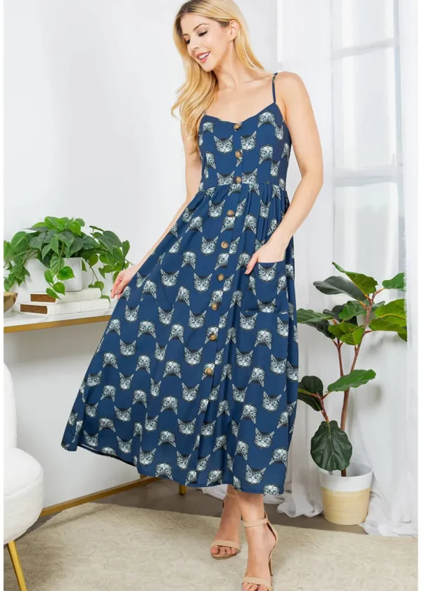 LA Soul Misty Kitty Cat Maxi Dress Navy