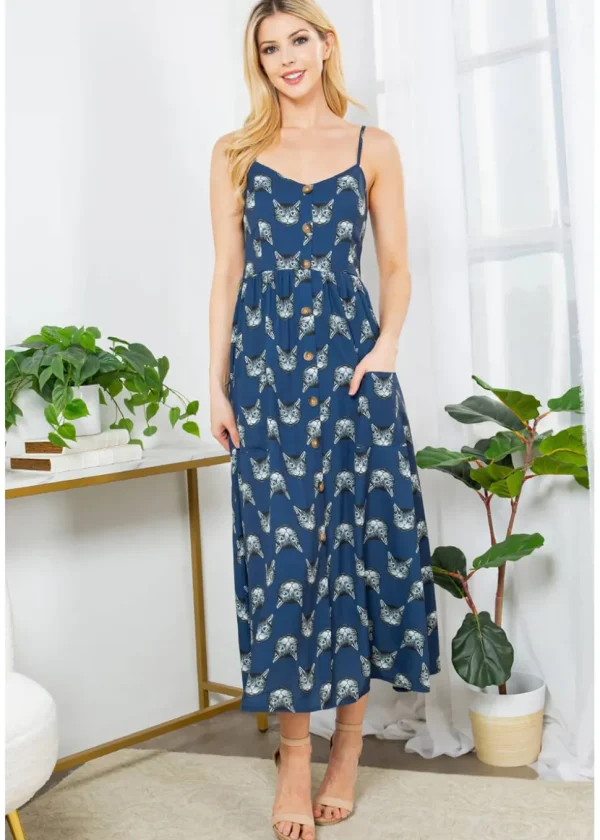 LA Soul Misty Kitty Cat Maxi Dress Navy