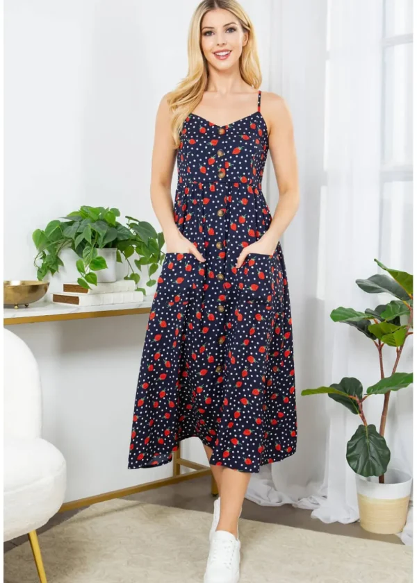 LA Soul Misty Strawberry Polkadot Maxi Dress Navy