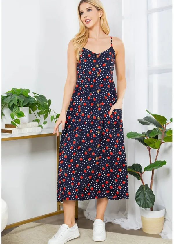 LA Soul Misty Strawberry Polkadot Maxi Dress Navy