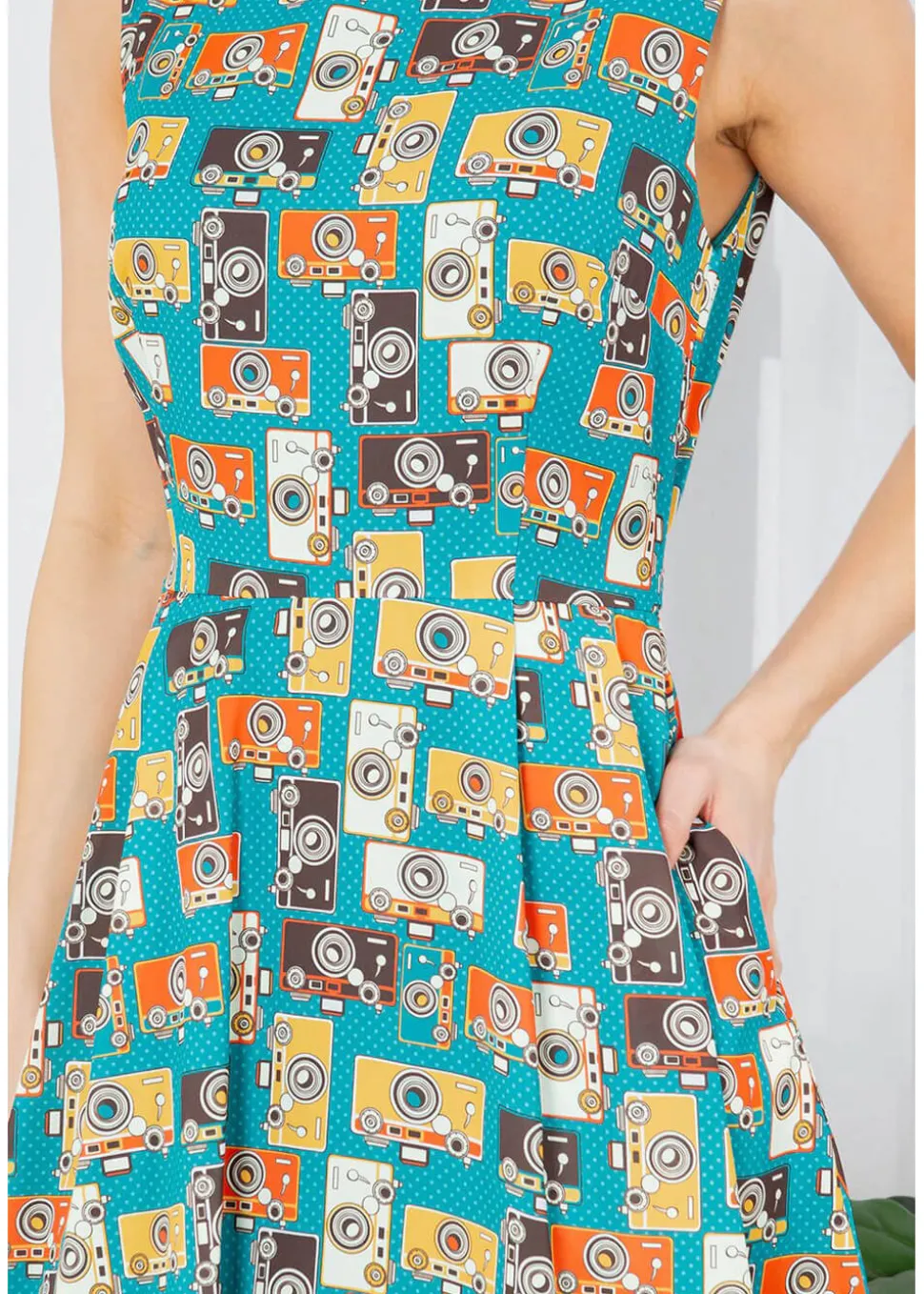 LA Soul Zoey Vintage Camera Skater Dress Green
