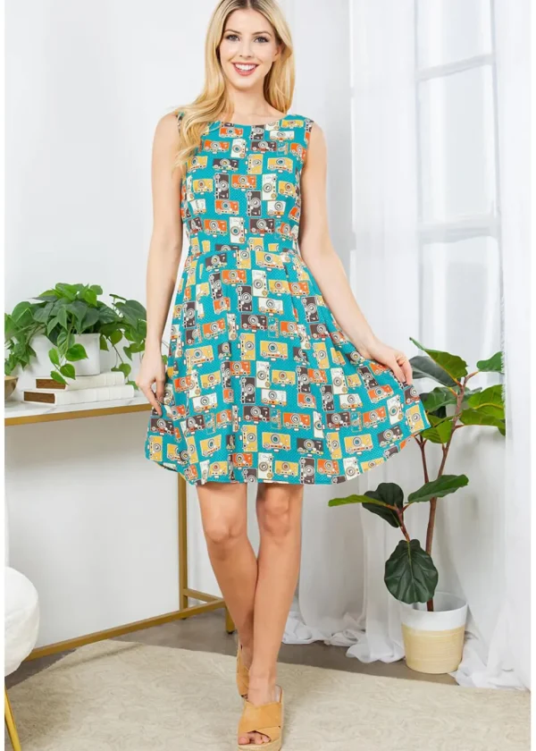LA Soul Zoey Vintage Camera Skater Dress Green