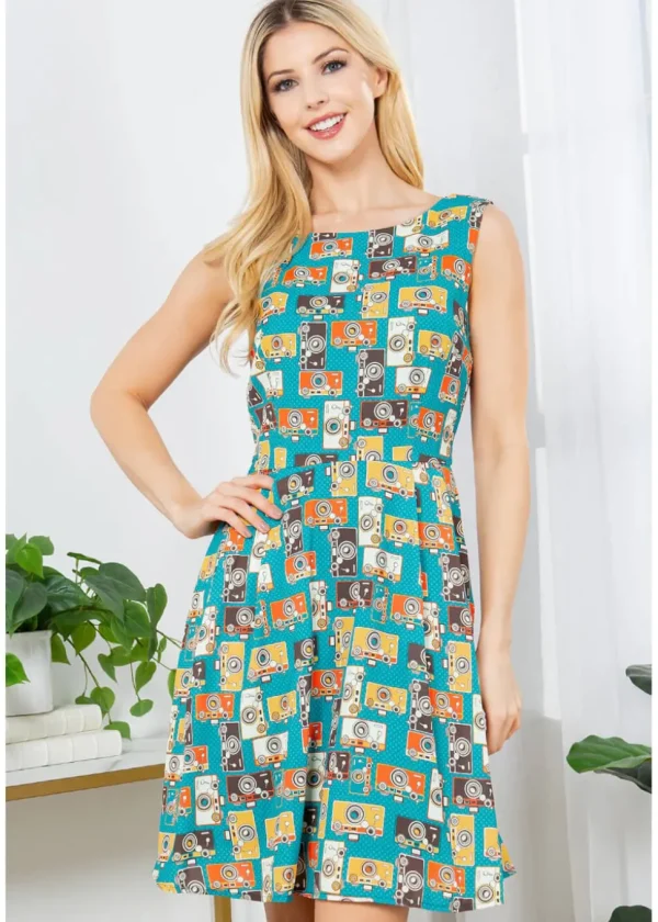 LA Soul Zoey Vintage Camera Skater Dress Green