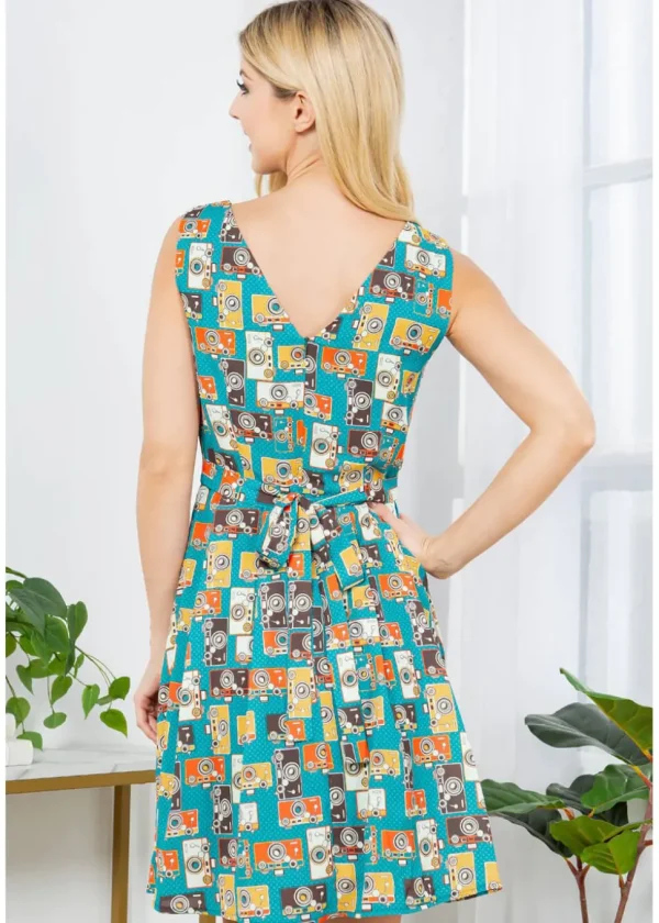 LA Soul Zoey Vintage Camera Skater Dress Green