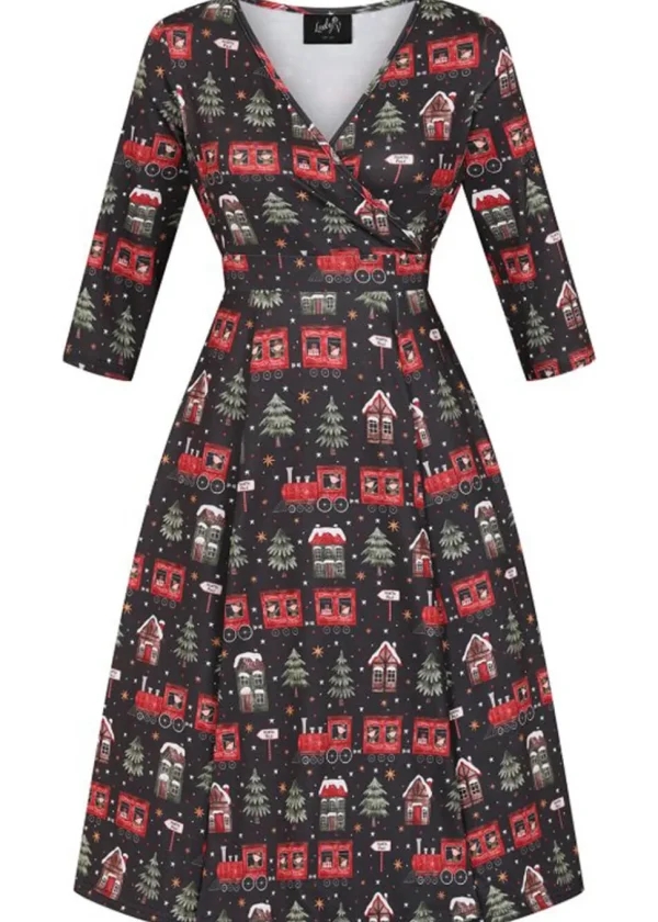 Lady V Lyra Xmas Express Christmas 50's Swing Dress Black
