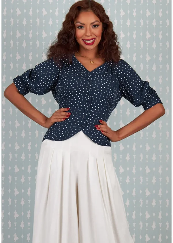 Miss Candyfloss Boronia-Lee Polkadot 40's Blouse Navy Blue