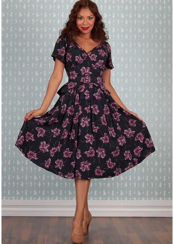 Miss Candyfloss Diana Lou Floral 40's Swing Dress Black Purple