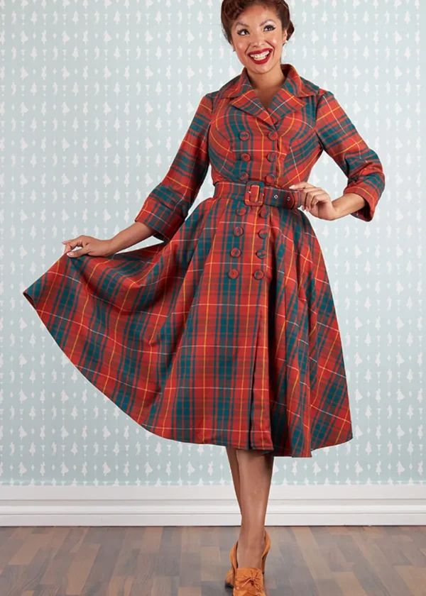 Miss Candyfloss Edrice Fire Tartan 50's Swing Dress Overcoat Orange Green