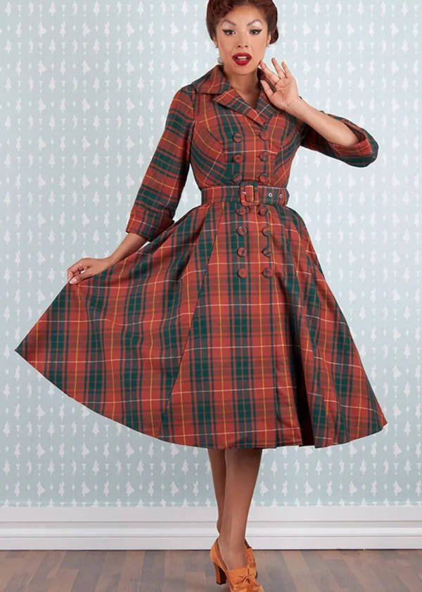 Miss Candyfloss Edrice Fire Tartan 50's Swing Dress Overcoat Orange Green