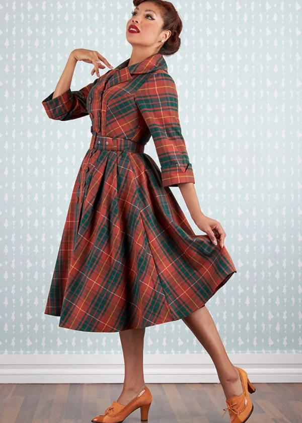 Miss Candyfloss Edrice Fire Tartan 50's Swing Dress Overcoat Orange Green