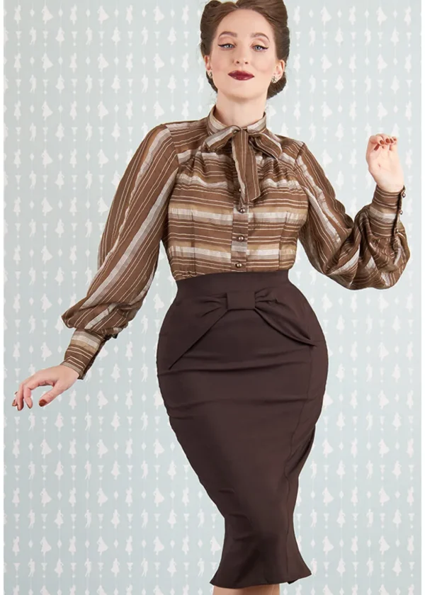 Miss Candyfloss Fulande Mocha Stripe 40's Blouse Dark Brown