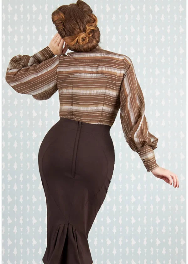 Miss Candyfloss Fulande Mocha Stripe 40's Blouse Dark Brown
