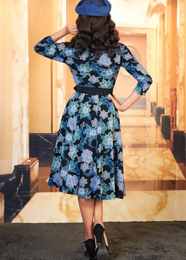 Miss Candyfloss Hasia Lee Floral 40's Swing Dress Navy