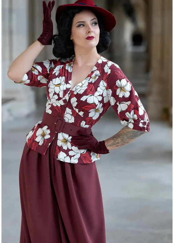 Miss Candyfloss Ladivina Bo Floral 40's Jumpsuit Wine
