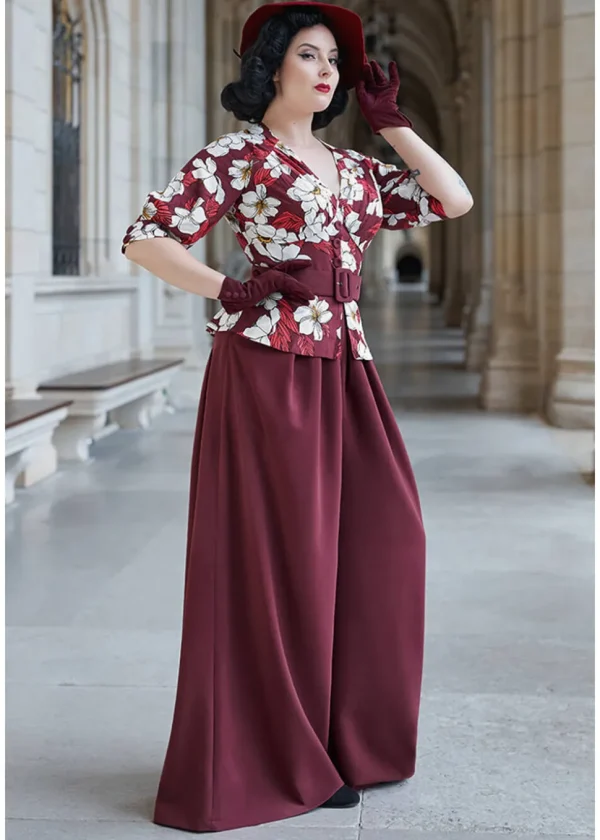 Miss Candyfloss Ladivina Bo Floral 40's Jumpsuit Wine