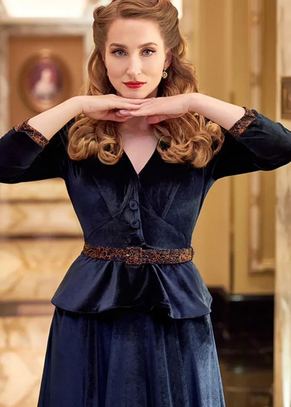 Miss Candyfloss Valencia Lee Velvet 40's Swing Dress Navy