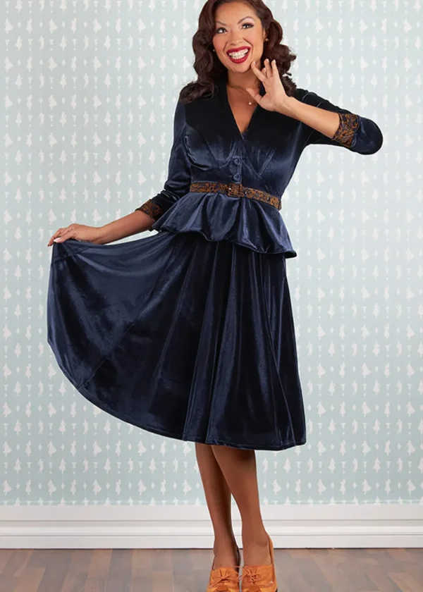 Miss Candyfloss Valencia Lee Velvet 40's Swing Dress Navy