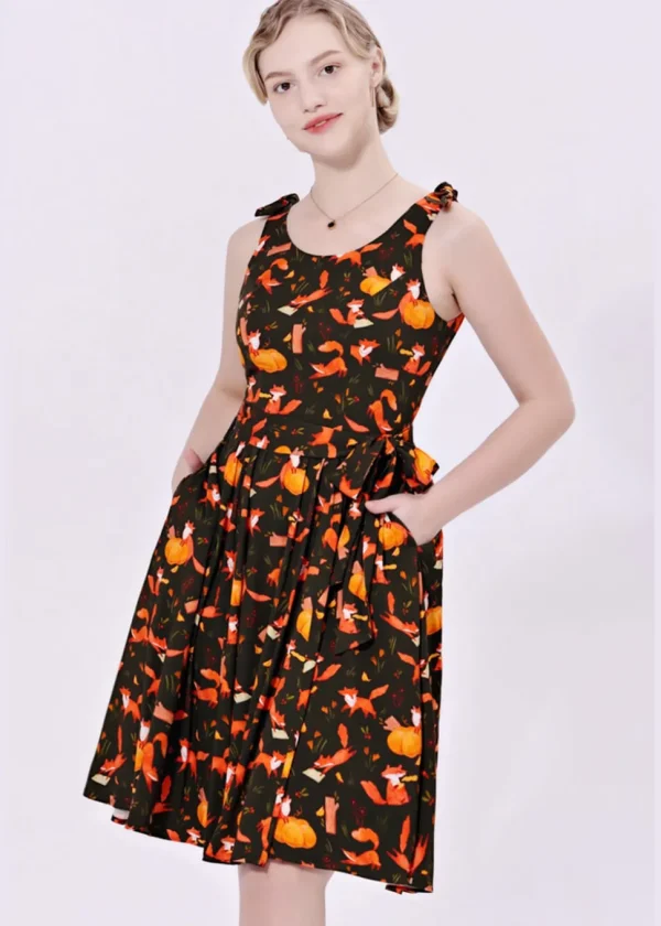 Miss Lulo Bri Autumn Foxes 50's Swing Dress Grey