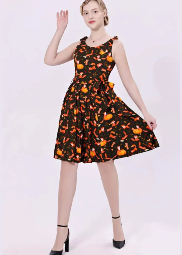 Miss Lulo Bri Autumn Foxes 50's Swing Dress Grey