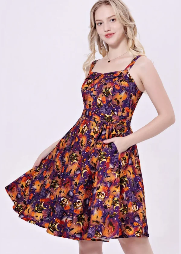 Miss Lulo Kyla Black Cats & Witches 50's Swing Dress Purple