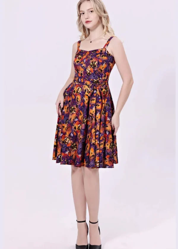 Miss Lulo Kyla Black Cats & Witches 50's Swing Dress Purple
