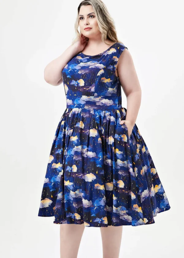 Miss Lulo Lily Raining Clouds 50's Swing Dress Navy
