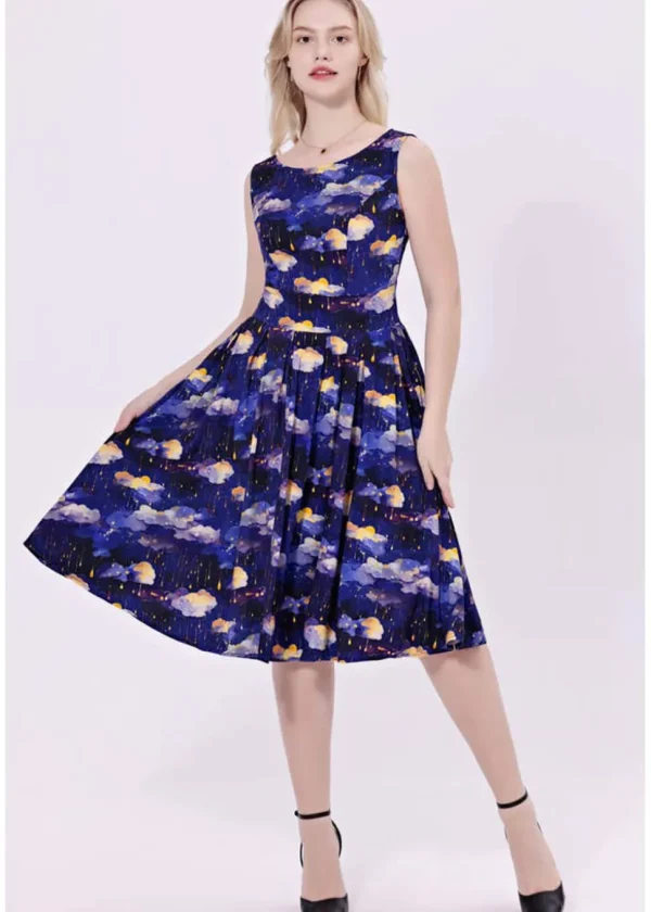 Miss Lulo Lily Raining Clouds 50's Swing Dress Navy