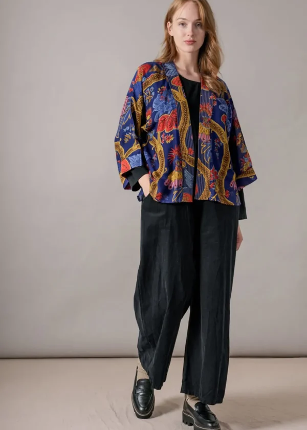 One Hundred Stars Climbing Peacock Short Kimono Royalblue