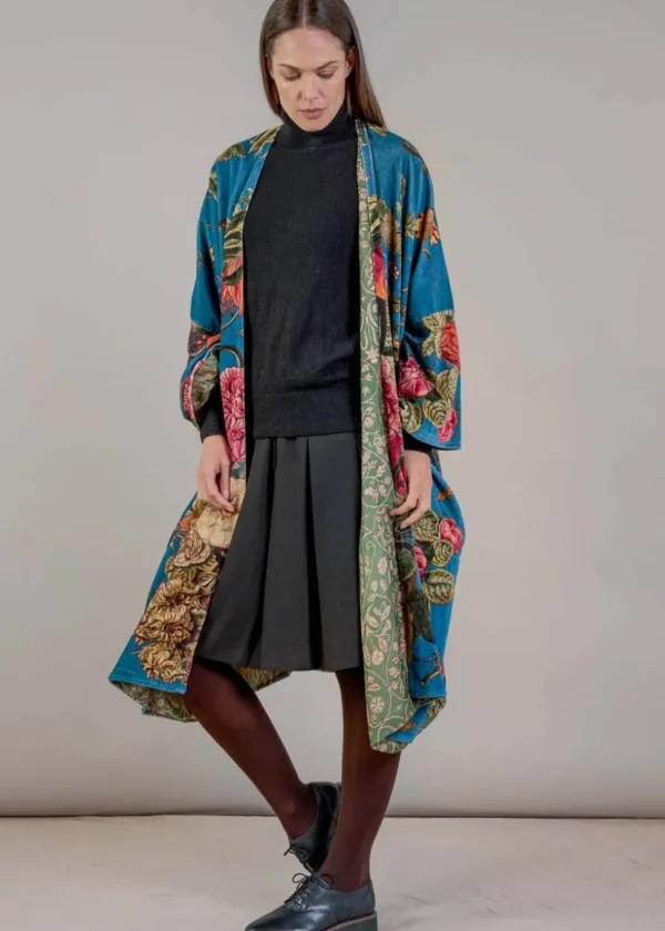 One Hundred Stars Primula Velvet Long Kimono Teal