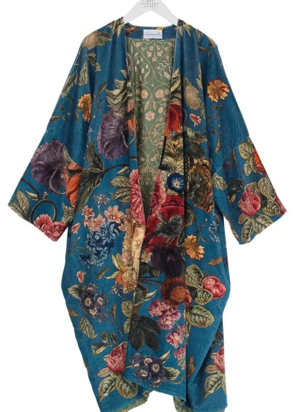 One Hundred Stars Primula Velvet Long Kimono Teal