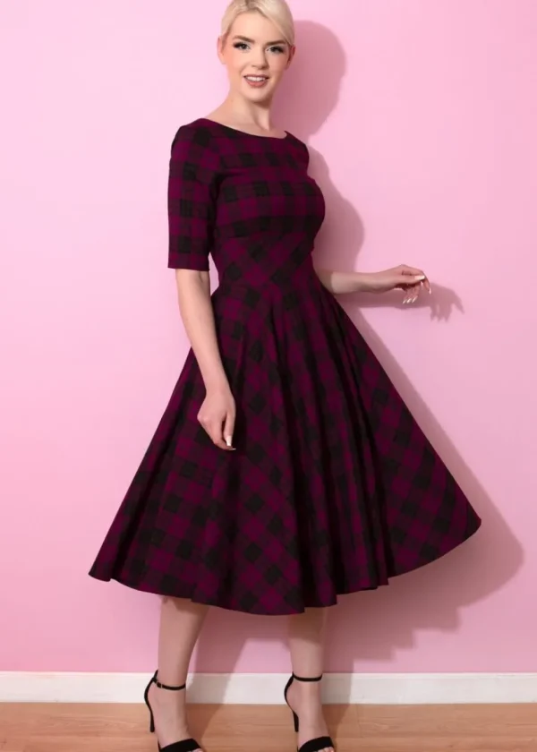 Pretty Dress Company Hepburn Tartan 50's Swing Jurk Berry