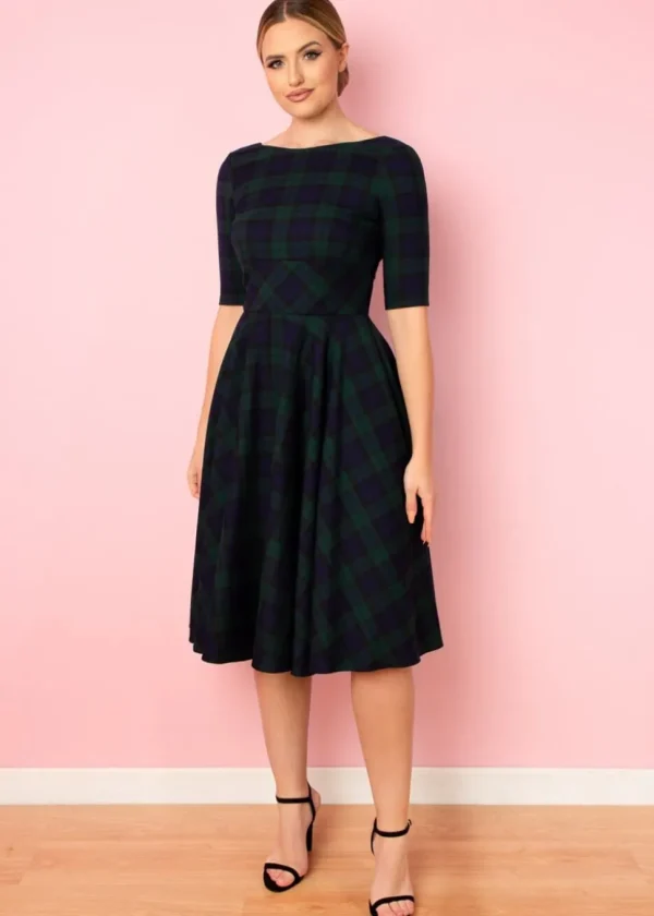Pretty Dress Company Hepburn Tartan 50's Swing Dress Green & Navy