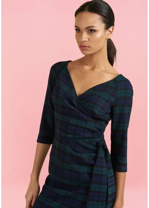 Pretty Dress Company Hourglass Tartan Pencil Dress Green & Navy