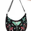 Restyle Autumnal Equinox Moth Mushroom Embroidery Hobo Bag Black