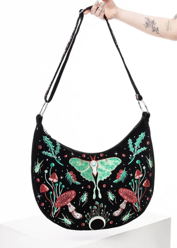 Restyle Autumnal Equinox Moth Mushroom Embroidery Hobo Bag Black
