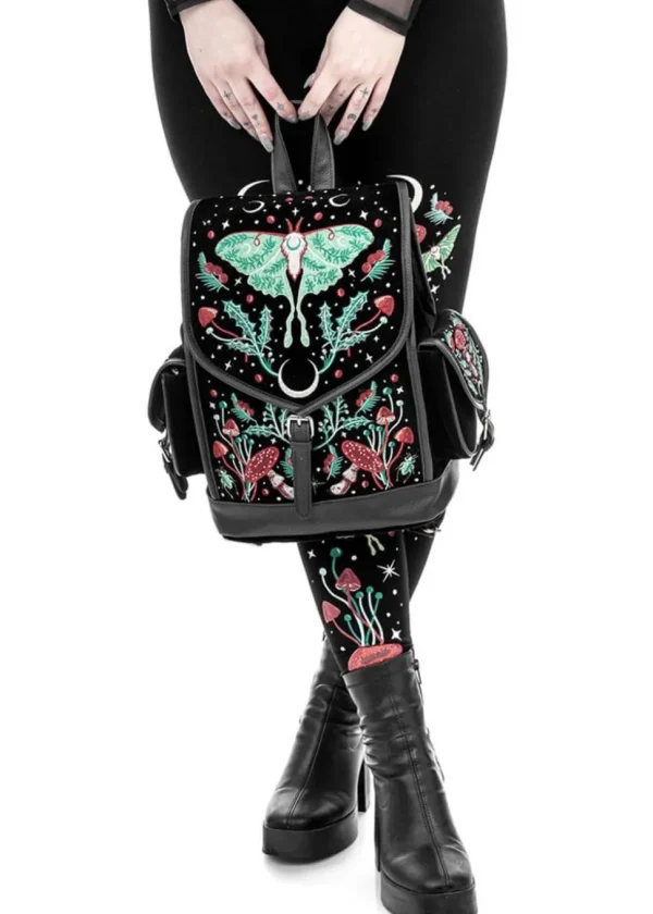 Restyle Autumnal Equinox Moth Mushroom Embroidery Backpack Black