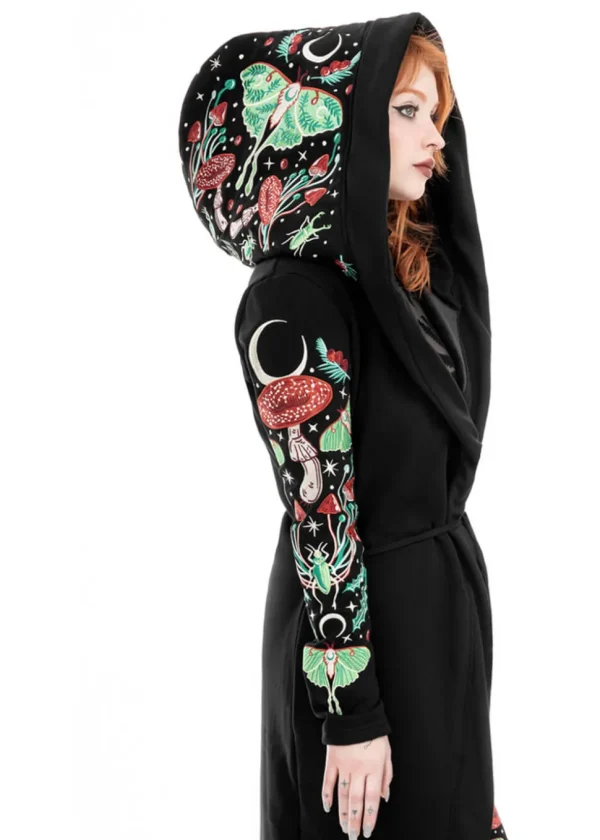Restyle Autumnal Equinox Moth Mushroom Embroidery Hoodie Black