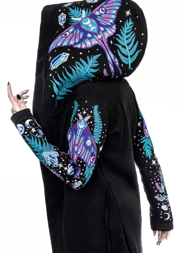 Restyle Enchanted Forest Moth Fern Embroidery Hoodie Black