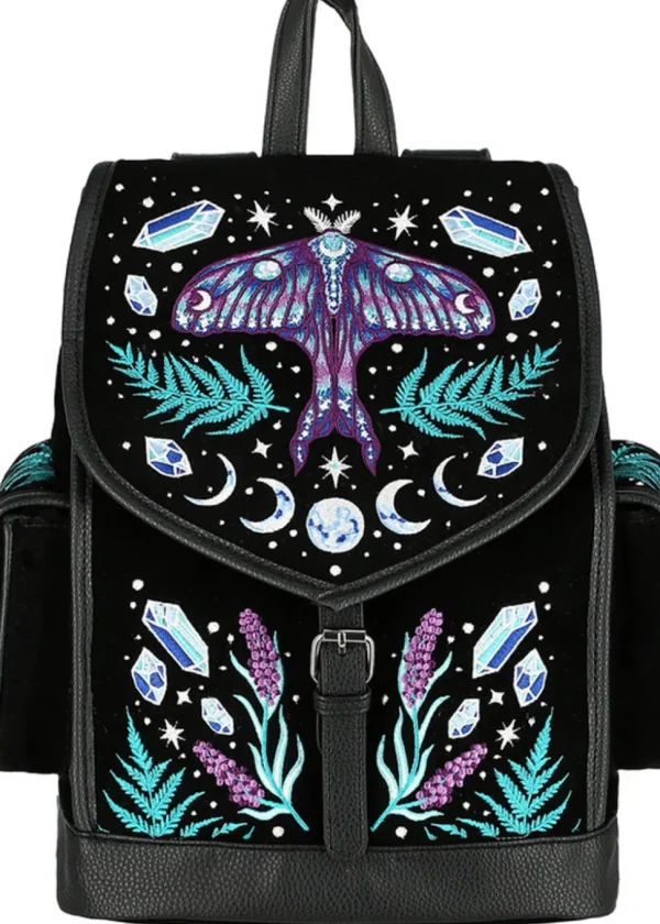 Restyle Enchanted Forest Moth Fern Embroidery Backpack Black