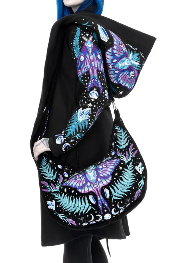 Restyle Enchanted Forest Moth Fern Embroidery Hobo Bag Black
