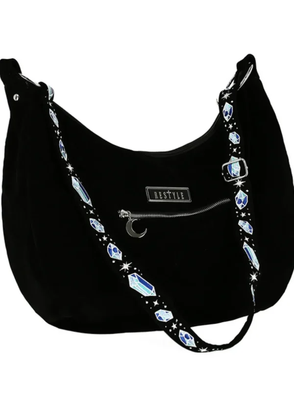 Restyle Enchanted Forest Moth Fern Embroidery Hobo Bag Black