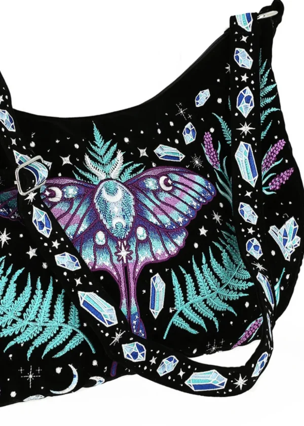 Restyle Enchanted Forest Moth Fern Embroidery Hobo Bag Black